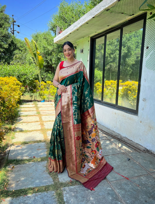 Women's Dark Green Gauri Paithani Silk Pichwai Woven Saree