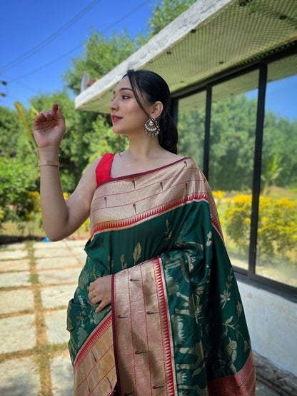 Women's Dark Green Gauri Paithani Silk Pichwai Woven Saree