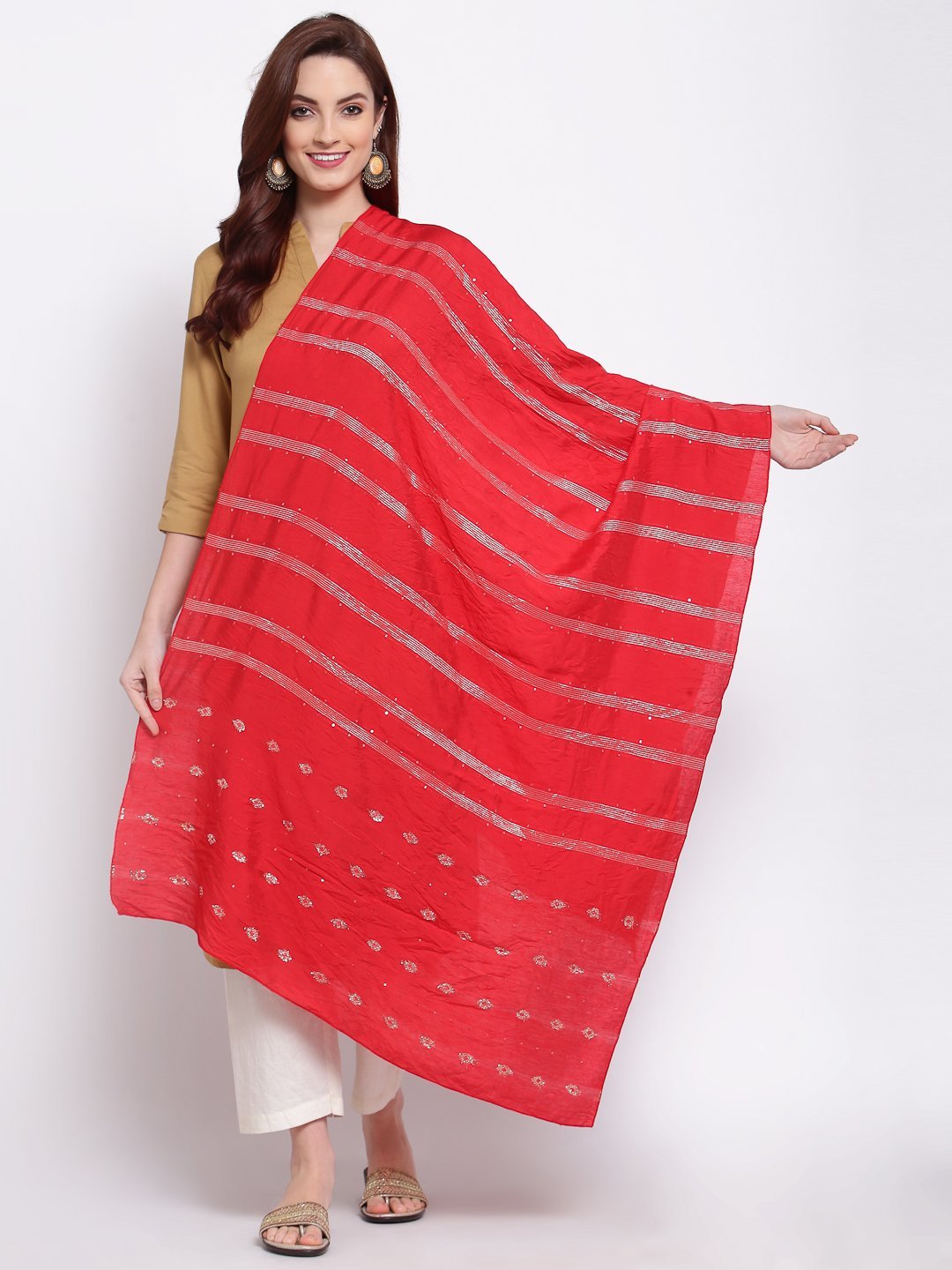 Women's Red Cotton Silk Printed Casual Dupatta
