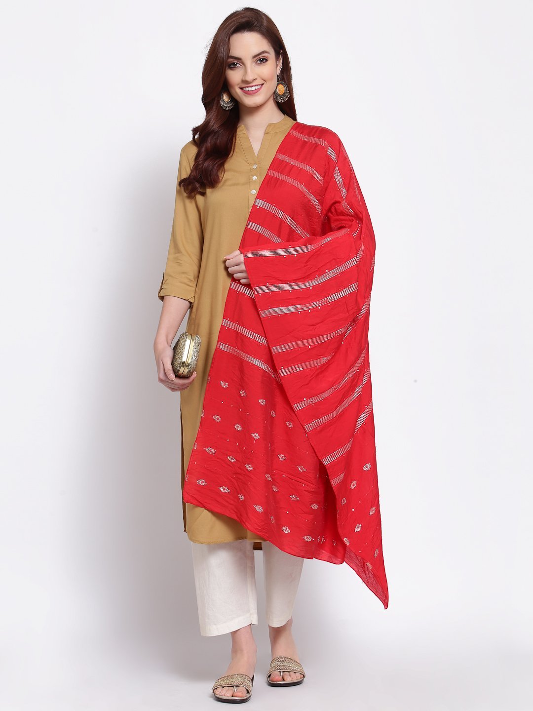 Women's Red Cotton Silk Printed Casual Dupatta