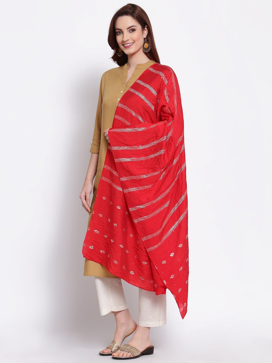 Women's Red Cotton Silk Printed Casual Dupatta
