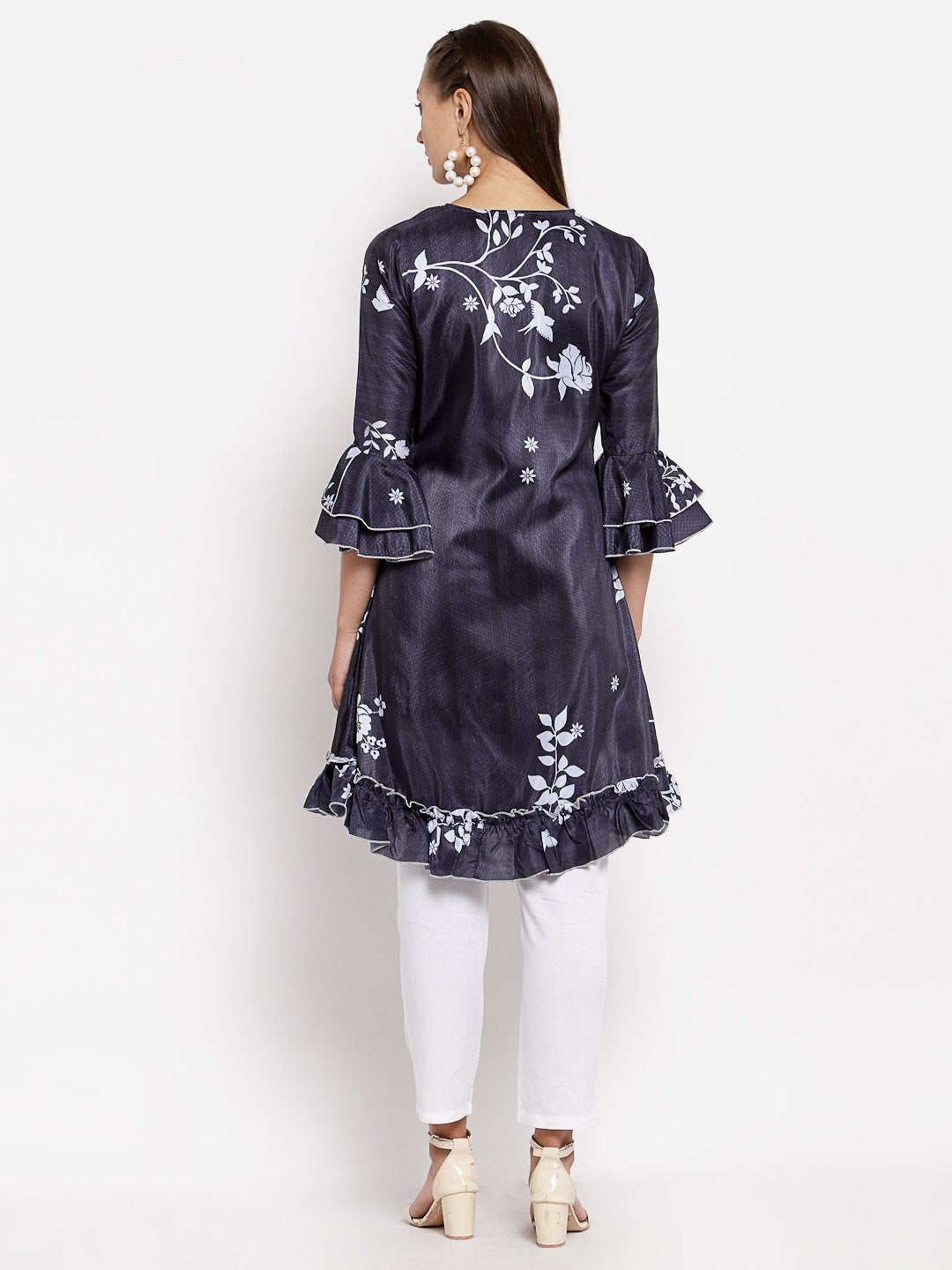 Women's Black Crep Printed Full Sleeve V Neck Casual Tunic