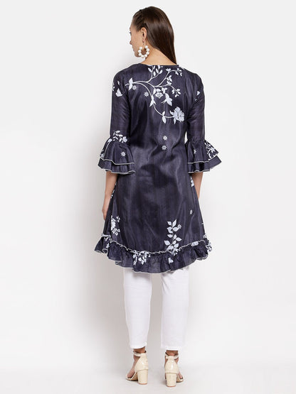 Women's Black Crep Printed Full Sleeve V Neck Casual Tunic