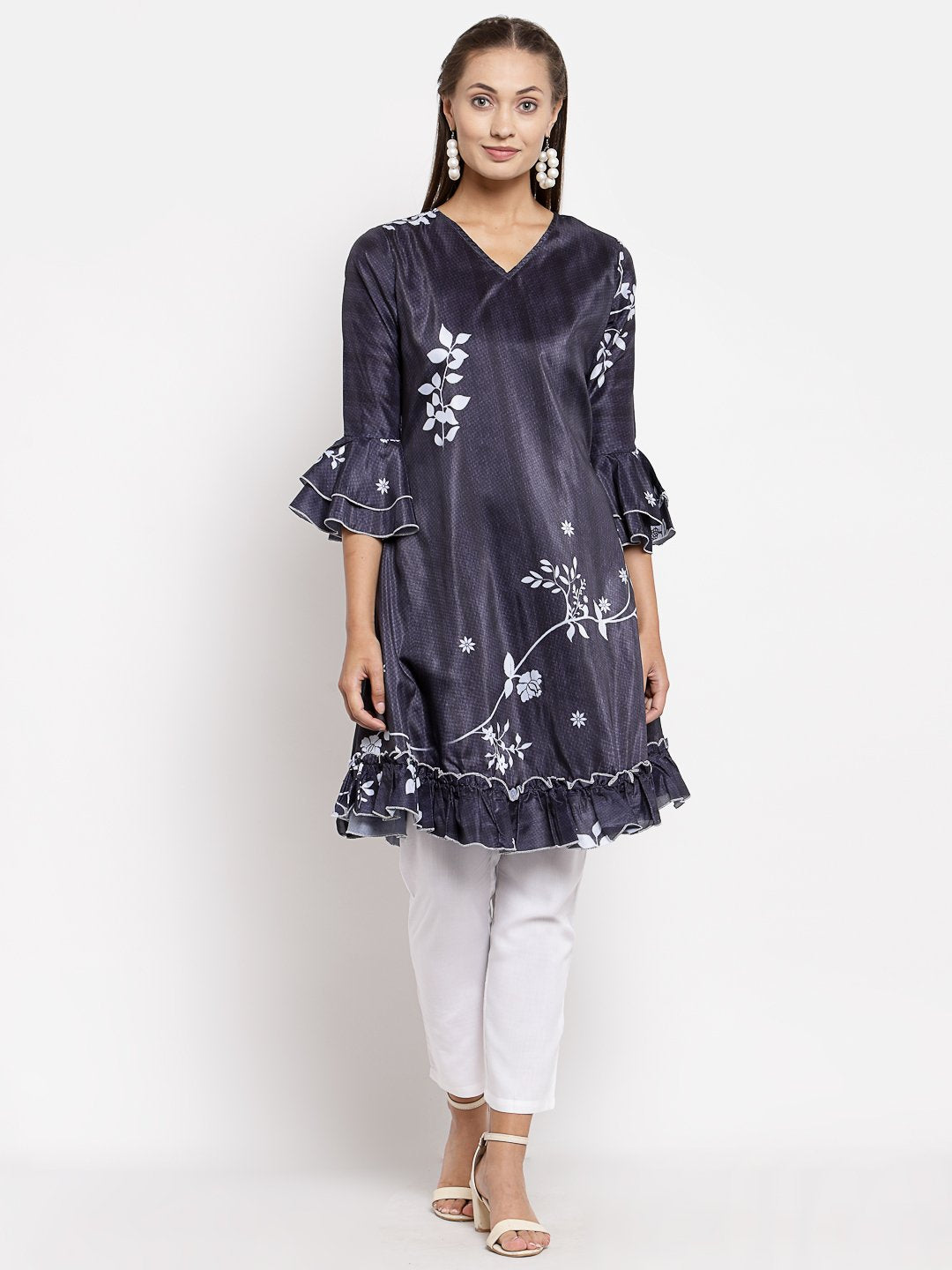 Women's Black Crep Printed Full Sleeve V Neck Casual Tunic