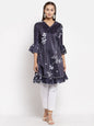 Women's Black Crep Printed Full Sleeve V Neck Casual Tunic