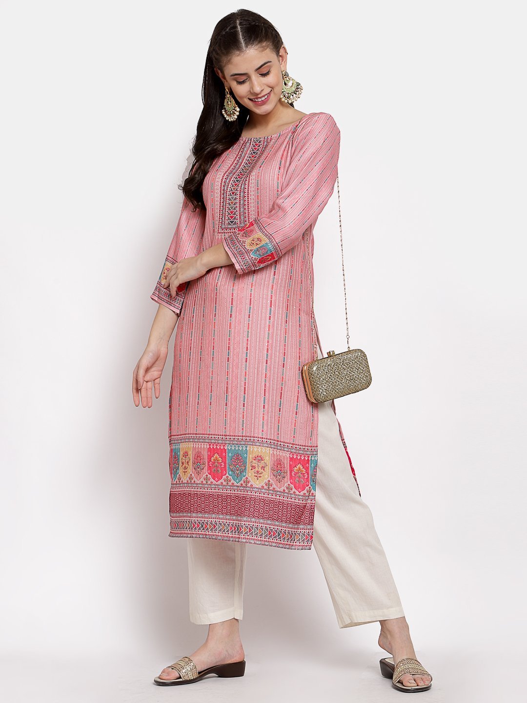 Women's Multi Cotton Printed 3/4 Sleeve Round Neck Casual Kurta