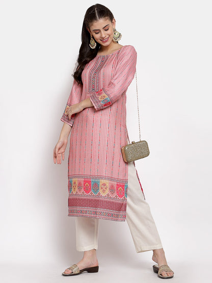 Women's Multi Cotton Printed 3/4 Sleeve Round Neck Casual Kurta