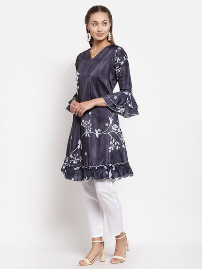 Women's Black Crep Printed Full Sleeve V Neck Casual Tunic