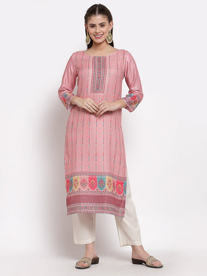 Women's Multi Cotton Printed 3/4 Sleeve Round Neck Casual Kurta