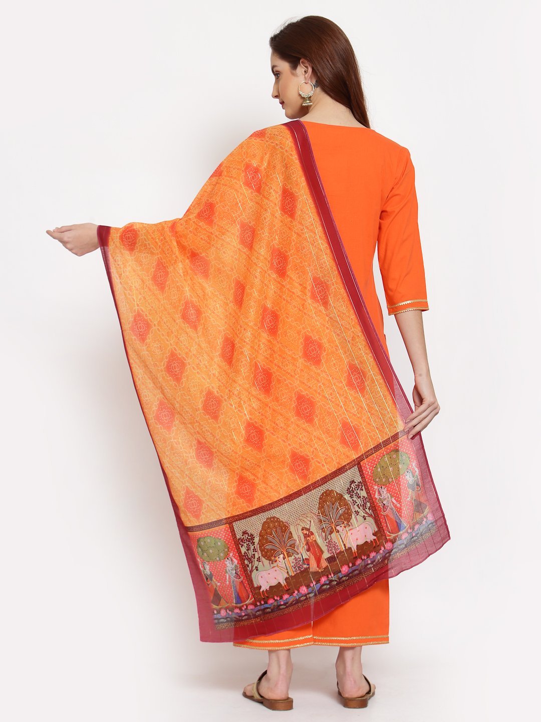 Women's Orange Solid Cotton 3/4 Sleeve Round Neck Casual Kurta Pant Dupatta Set