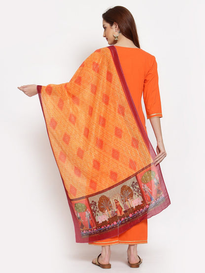 Women's Orange Solid Cotton 3/4 Sleeve Round Neck Casual Kurta Pant Dupatta Set