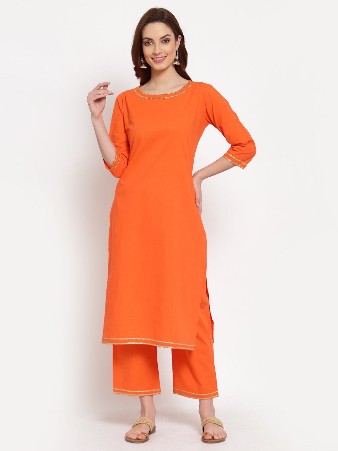 Women's Orange Solid Cotton 3/4 Sleeve Round Neck Casual Kurta Pant Dupatta Set