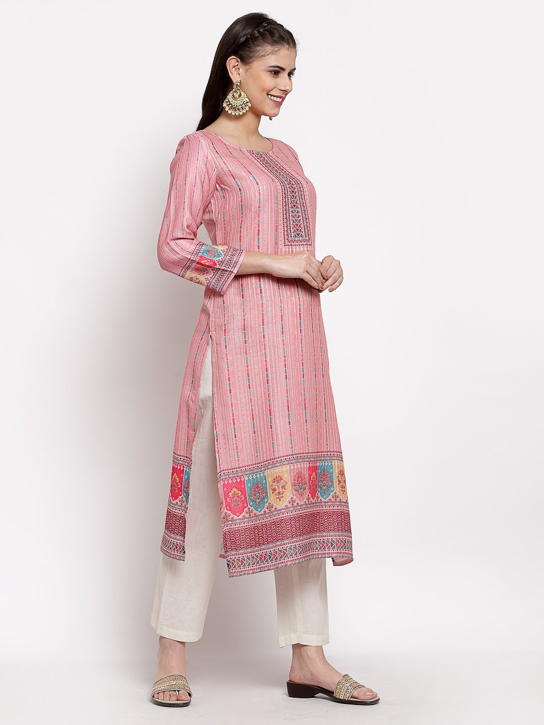 Women's Multi Cotton Printed 3/4 Sleeve Round Neck Casual Kurta
