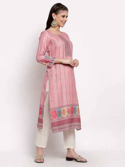 Women's Multi Cotton Printed 3/4 Sleeve Round Neck Casual Kurta