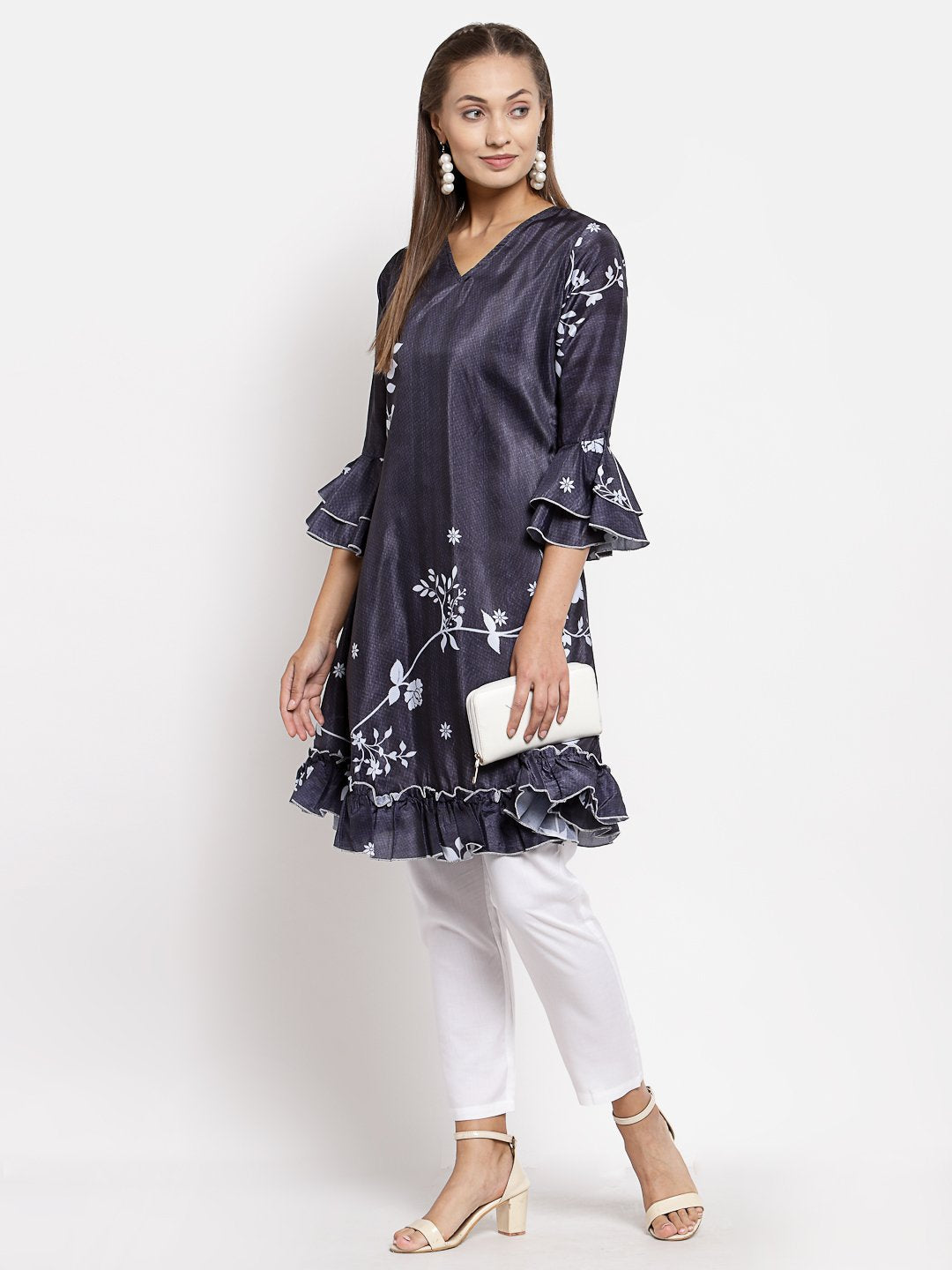 Women's Black Crep Printed Full Sleeve V Neck Casual Tunic