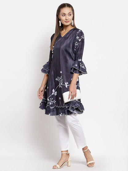 Women's Black Crep Printed Full Sleeve V Neck Casual Tunic