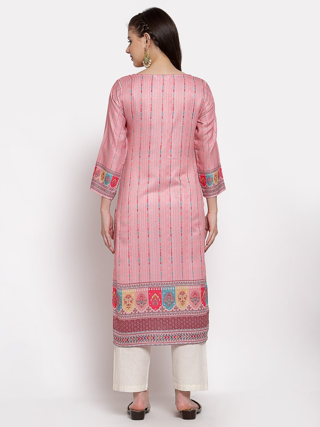Women's Multi Cotton Printed 3/4 Sleeve Round Neck Casual Kurta