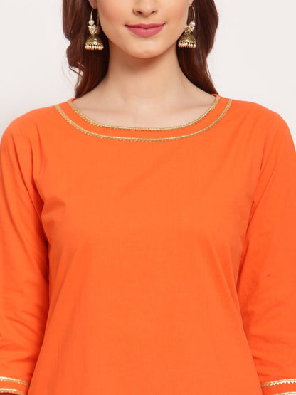 Women's Orange Solid Cotton 3/4 Sleeve Round Neck Casual Kurta Pant Dupatta Set