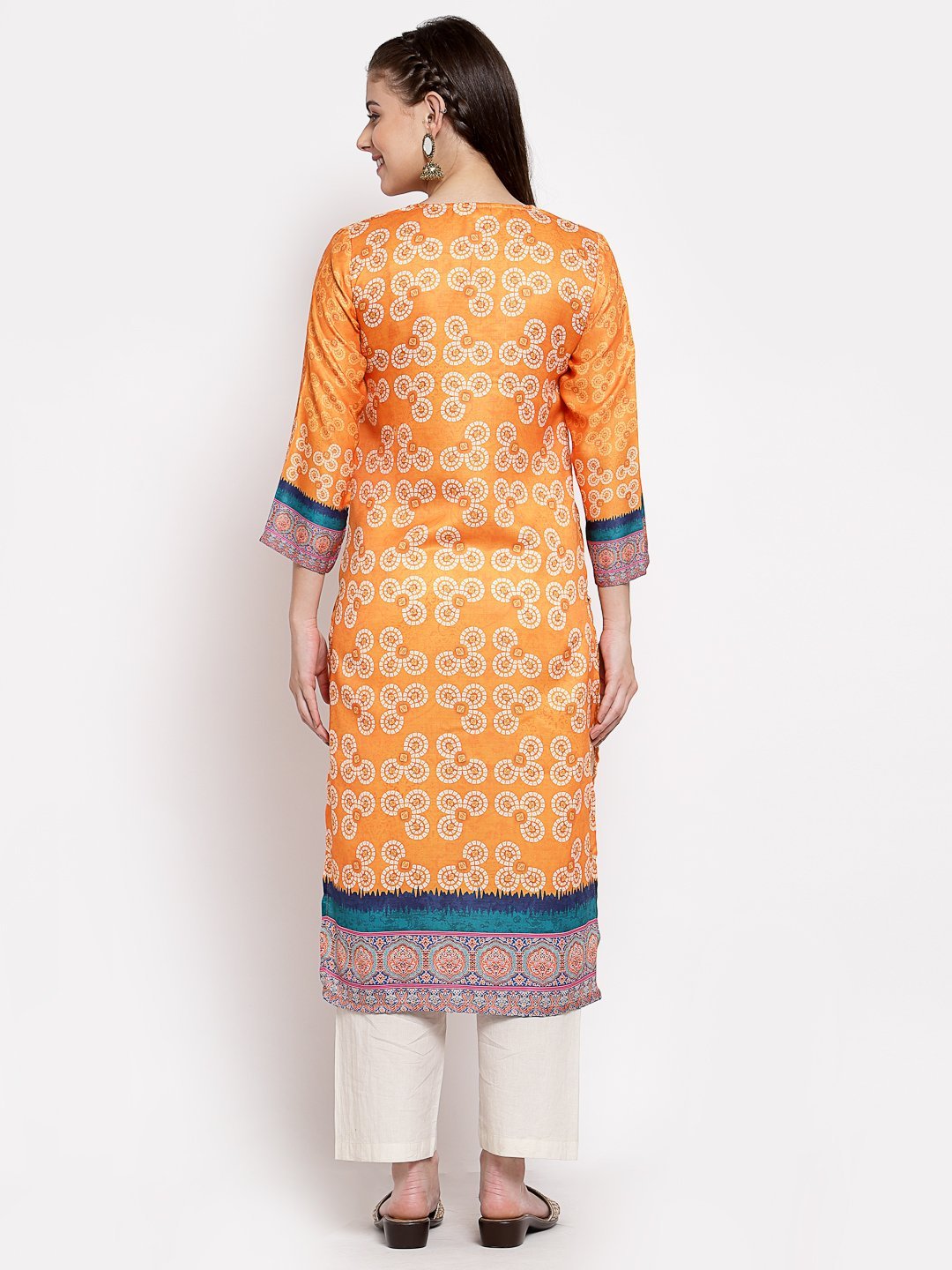 Women's Multi Cotton Printed 3/4 Sleeve Round Neck Casual Kurta
