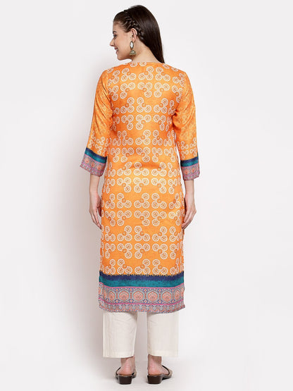 Women's Multi Cotton Printed 3/4 Sleeve Round Neck Casual Kurta