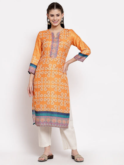 Women's Multi Cotton Printed 3/4 Sleeve Round Neck Casual Kurta