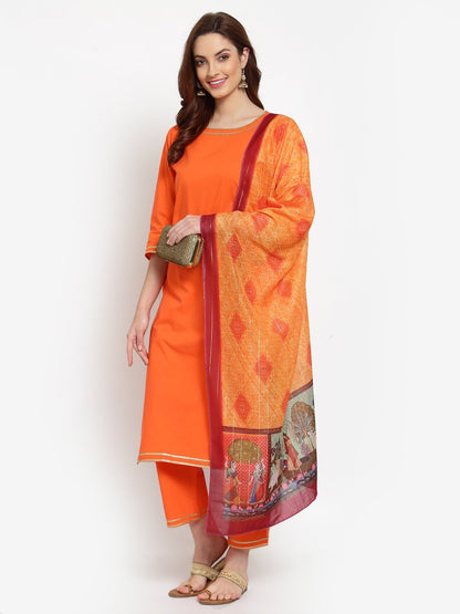 Women's Orange Solid Cotton 3/4 Sleeve Round Neck Casual Kurta Pant Dupatta Set