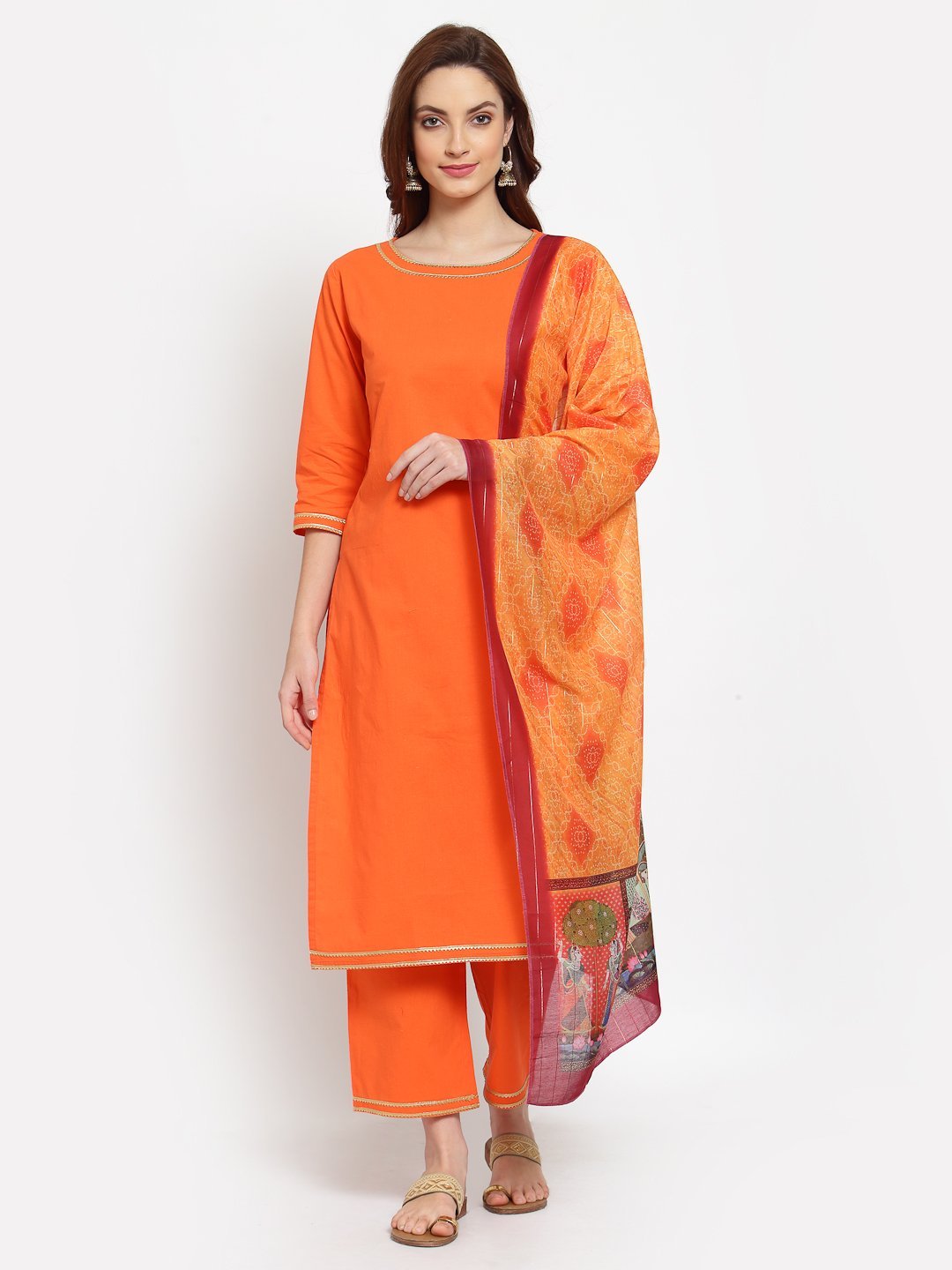 Women's Orange Solid Cotton 3/4 Sleeve Round Neck Casual Kurta Pant Dupatta Set