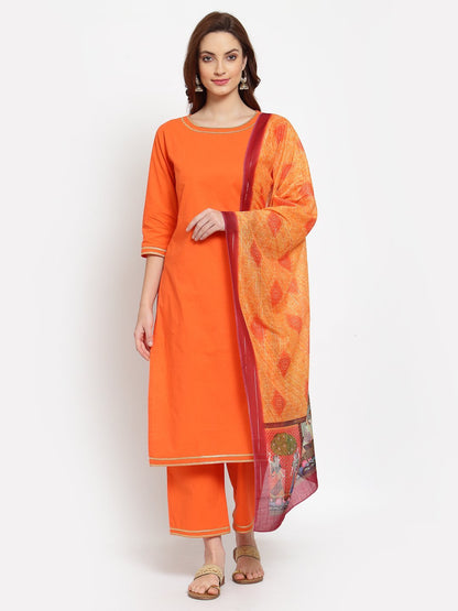 Women's Orange Solid Cotton 3/4 Sleeve Round Neck Casual Kurta Pant Dupatta Set