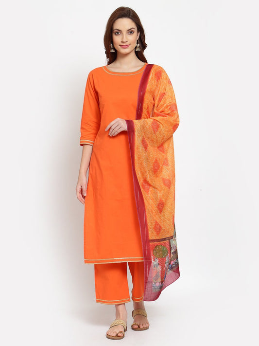 Women's Orange Solid Cotton 3/4 Sleeve Round Neck Casual Kurta Pant Dupatta Set