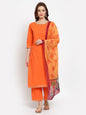 Women's Orange Solid Cotton 3/4 Sleeve Round Neck Casual Kurta Pant Dupatta Set