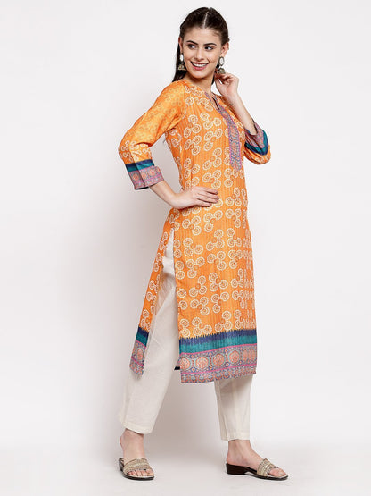 Women's Multi Cotton Printed 3/4 Sleeve Round Neck Casual Kurta