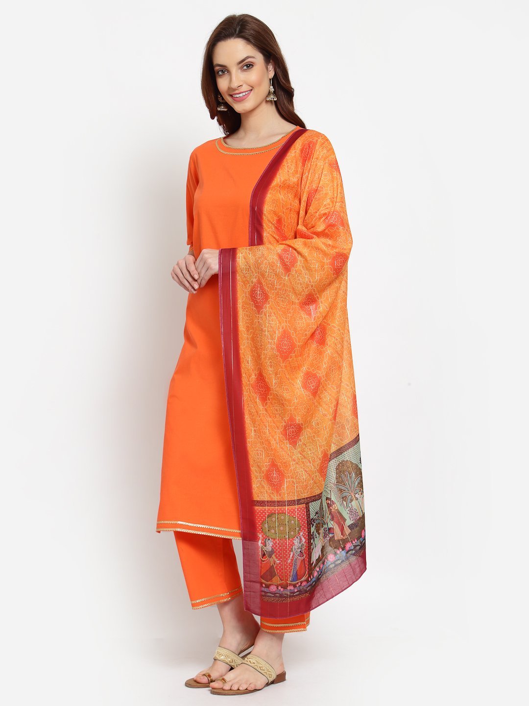 Women's Orange Solid Cotton 3/4 Sleeve Round Neck Casual Kurta Pant Dupatta Set