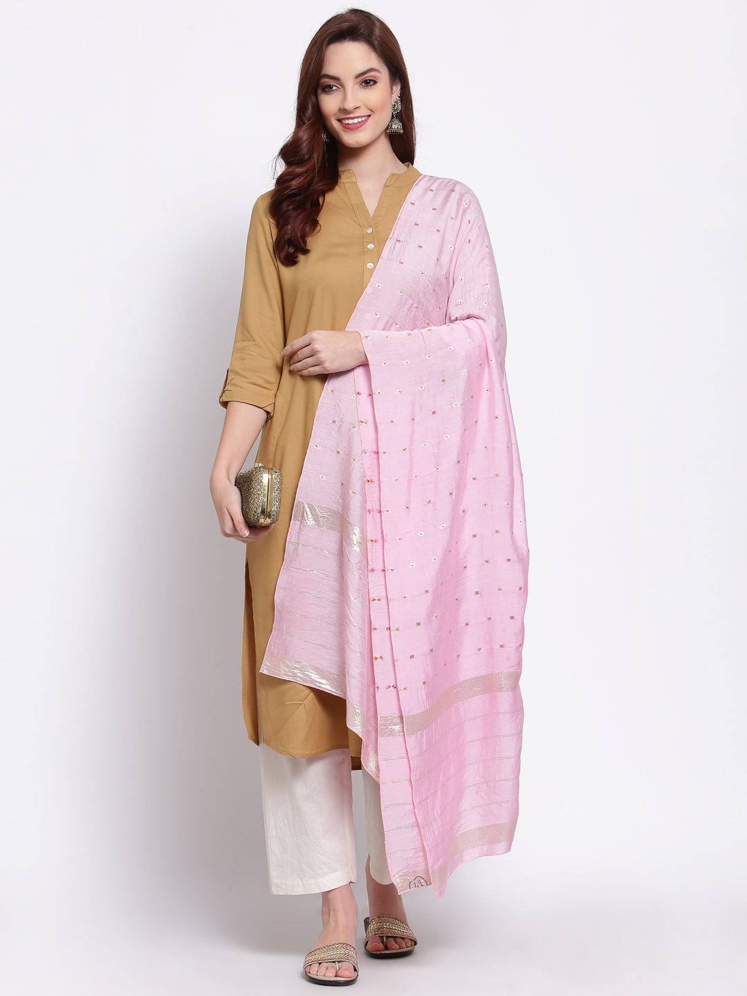Women's Pink Cotton Silk Printed Casual Dupatta