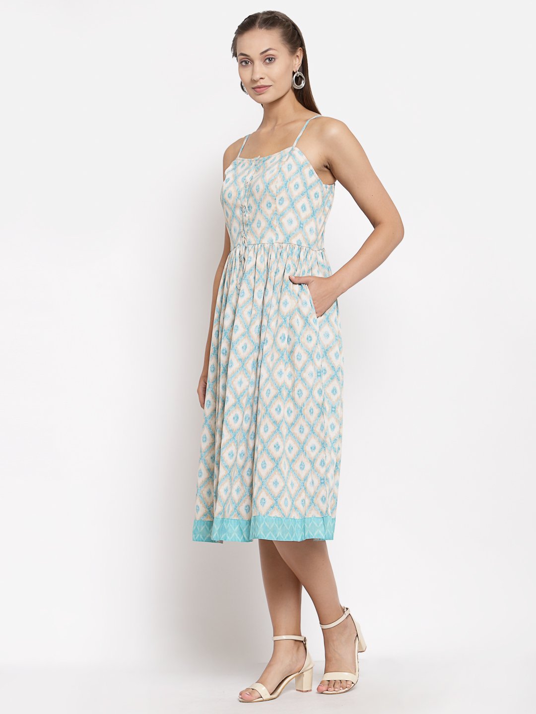 Women White Printed Cotton Dress by Myshka (
