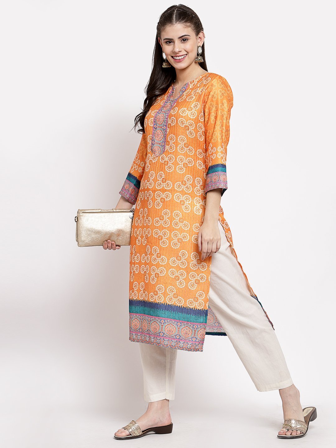 Women's Multi Cotton Printed 3/4 Sleeve Round Neck Casual Kurta