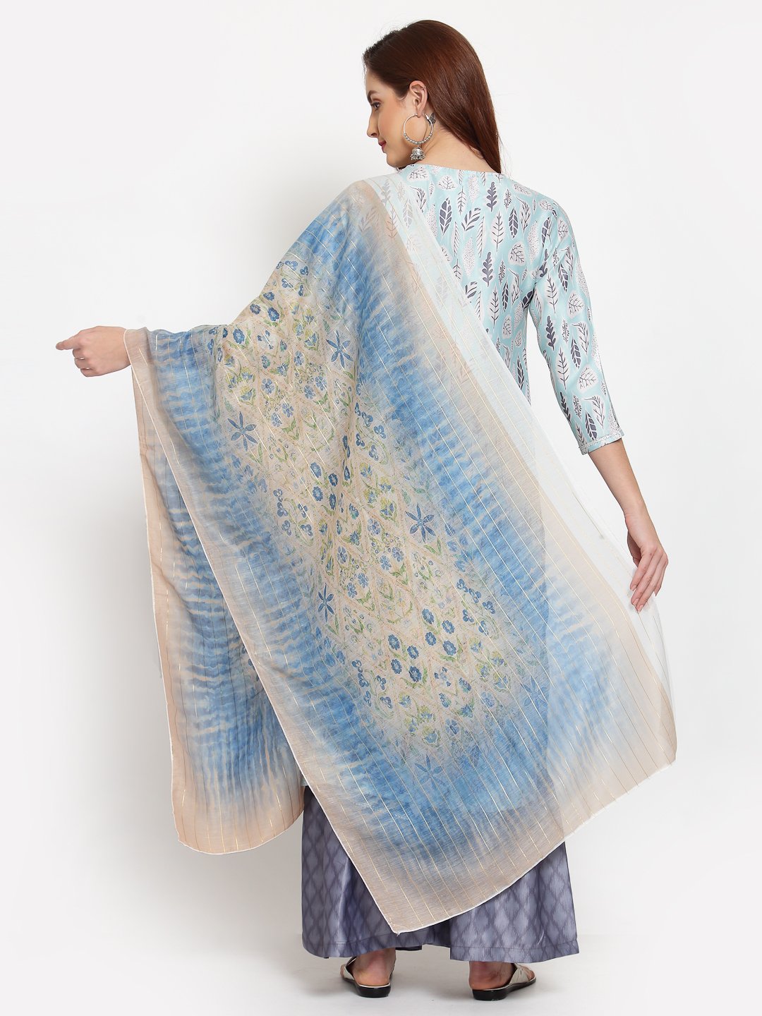 Women's Multi Printed Cotton Blend 3/4 Sleeve Round Neck Casual Kurta Palazzo Dupatta Set