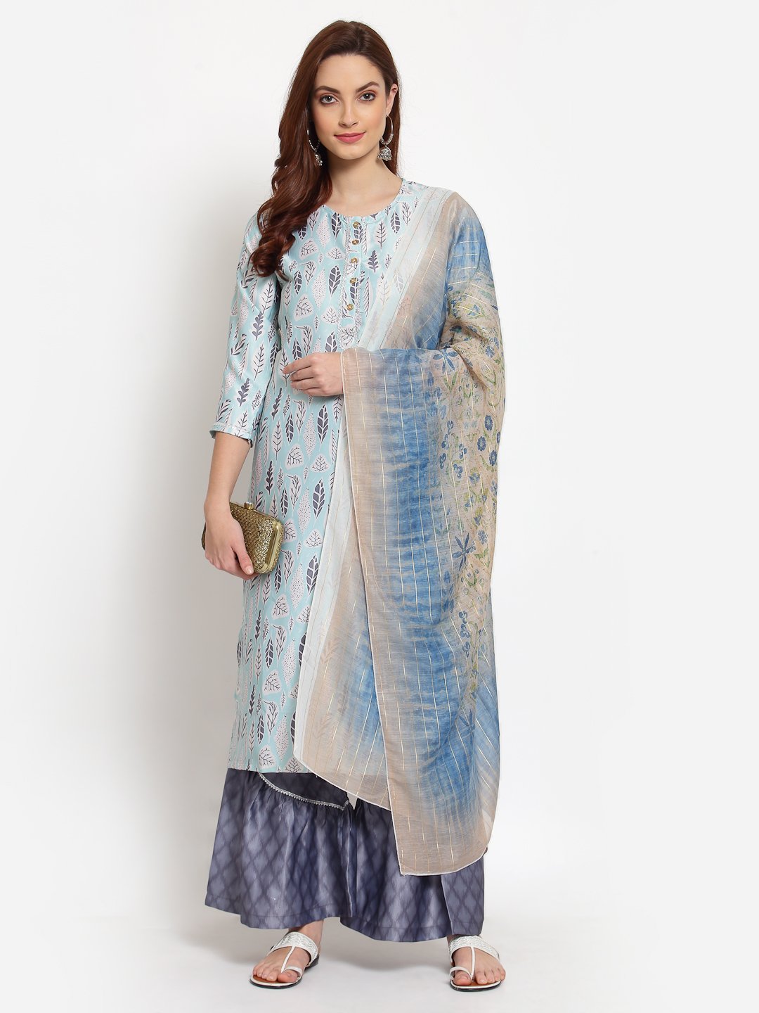 Women's Multi Printed Cotton Blend 3/4 Sleeve Round Neck Casual Kurta Palazzo Dupatta Set