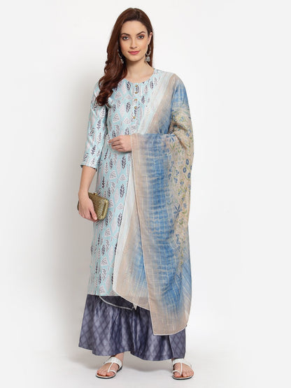 Women's Multi Printed Cotton Blend 3/4 Sleeve Round Neck Casual Kurta Palazzo Dupatta Set