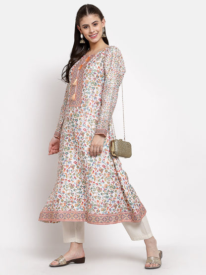 Women's Multi Cotton Printed Full Sleeve Round Neck Casual Kurta