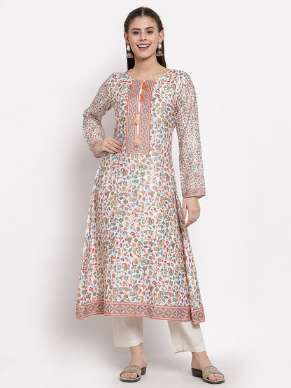 Women's Multi Cotton Printed Full Sleeve Round Neck Casual Kurta