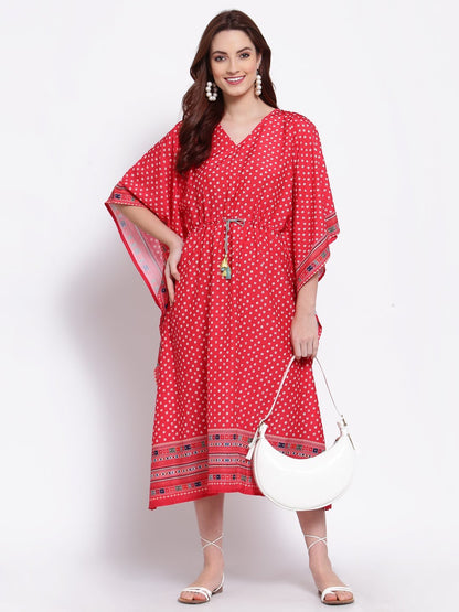 Women's Red Printed Cotton Blend 3/4 Sleeve V Neck Casual Dress
