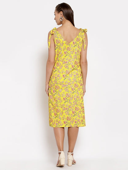 Women Yellow Cotton Printed Dress by Myshka (