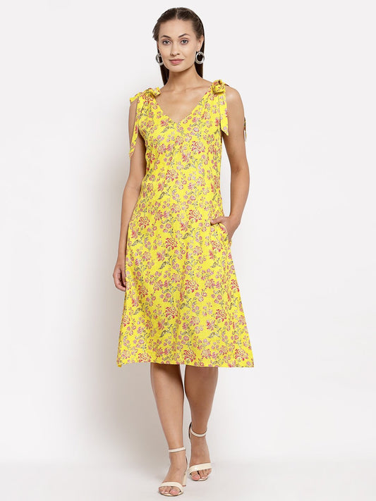 Women Yellow Cotton Printed Dress by Myshka (