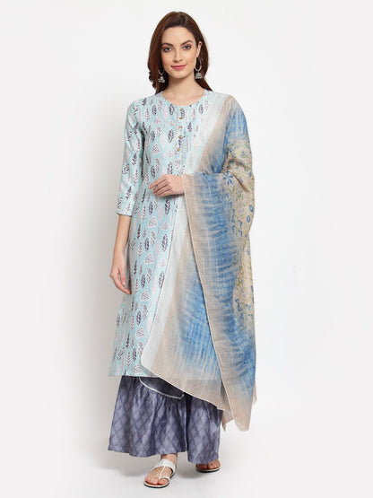 Women's Multi Printed Cotton Blend 3/4 Sleeve Round Neck Casual Kurta Palazzo Dupatta Set