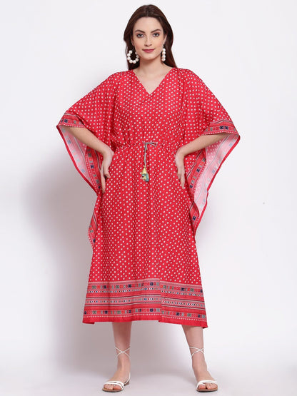 Women's Red Printed Cotton Blend 3/4 Sleeve V Neck Casual Dress