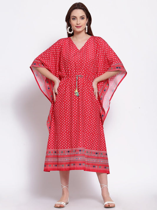Women's Red Printed Cotton Blend 3/4 Sleeve V Neck Casual Dress