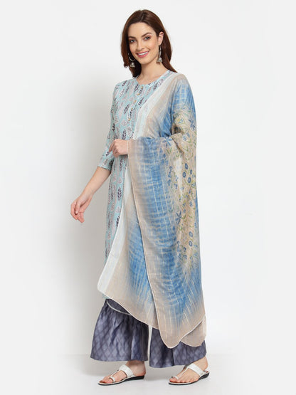 Women's Multi Printed Cotton Blend 3/4 Sleeve Round Neck Casual Kurta Palazzo Dupatta Set
