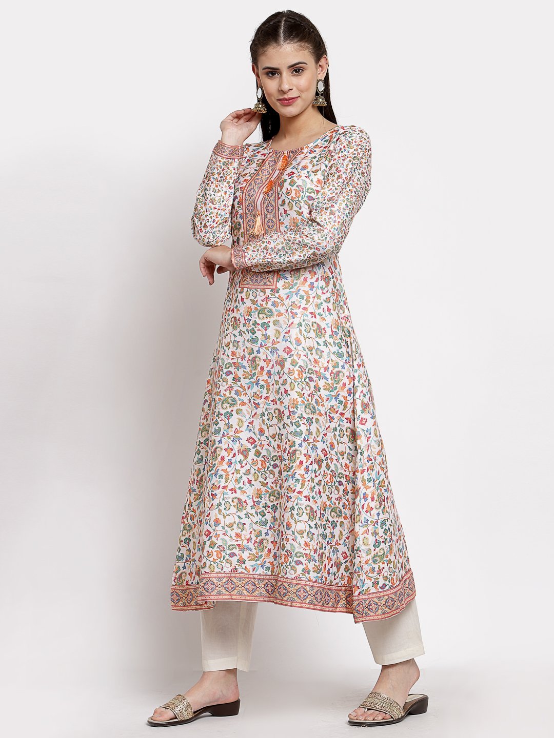 Women's Multi Cotton Printed Full Sleeve Round Neck Casual Kurta