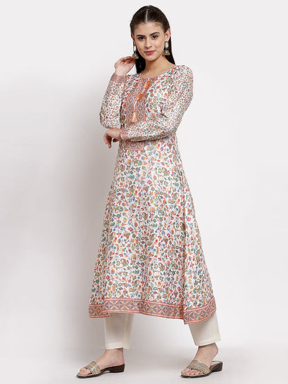 Women's Multi Cotton Printed Full Sleeve Round Neck Casual Kurta