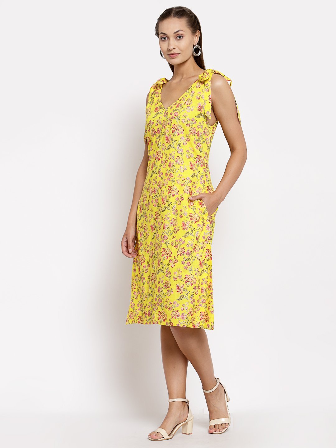 Women Yellow Cotton Printed Dress by Myshka (